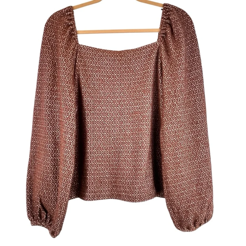 Madewell Jacquard Puff-Sleeve Top Square Neck  Dark Merlot Brown Sz XL